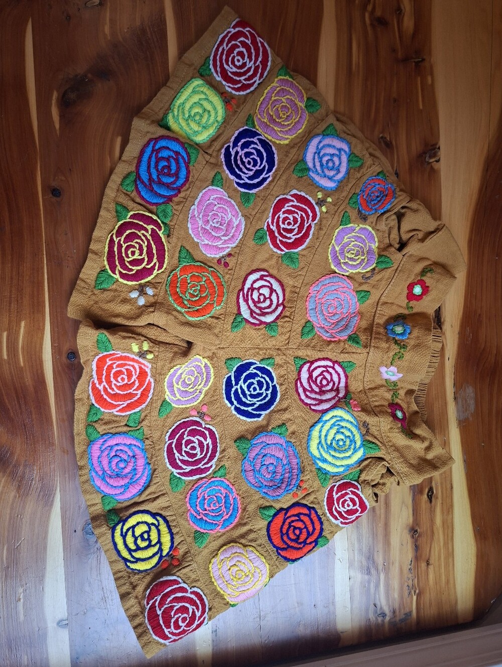 Multicolor Embroidered Rose Shorts in Tan/Mustard
